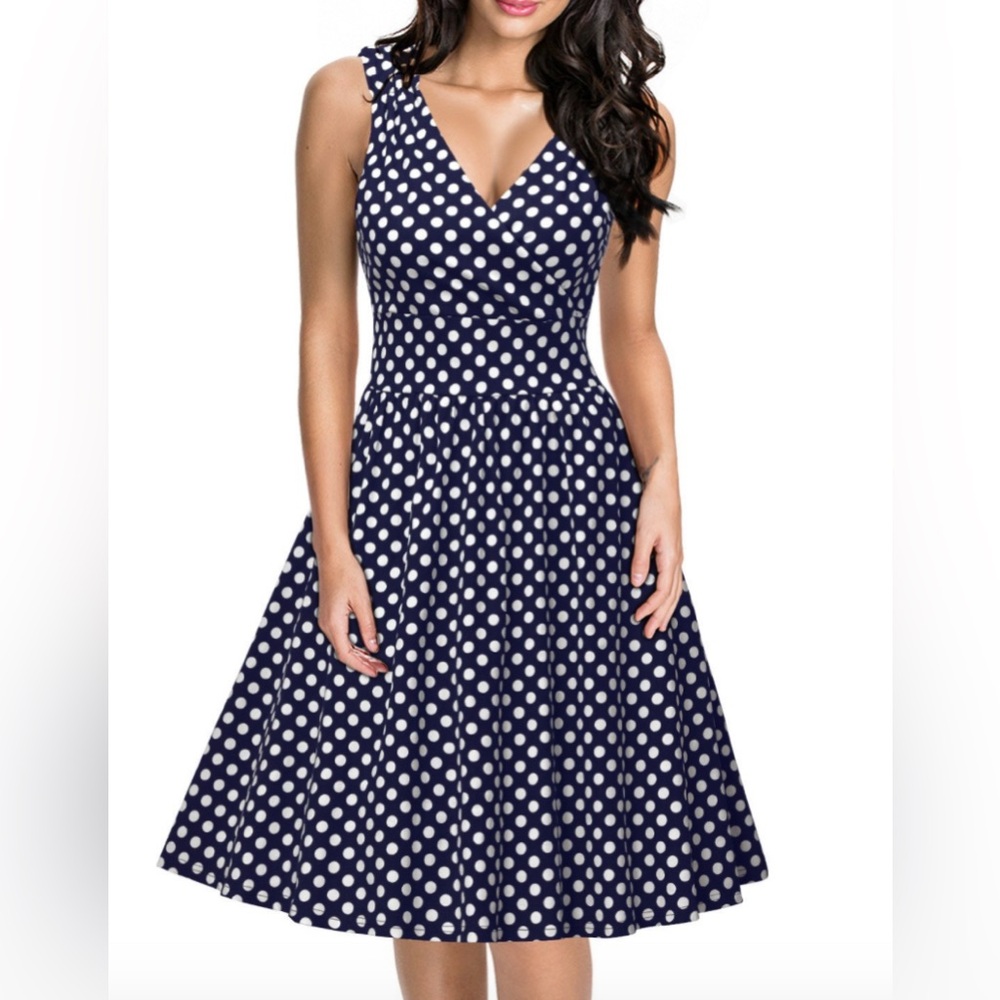 Retro Polka Dot V Neck Sleeveless Dress Vintage Inspired Blue & White Size S